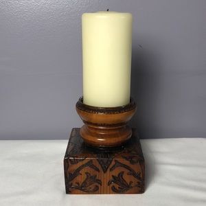 Handmade Wooden Pillar Candle Holder with Carved Floral Design